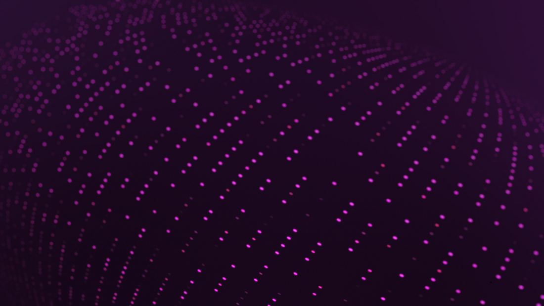 Abstract digital purple mesh pattern with glowing pink nodes on a dark background, representing devices from different places being connected.